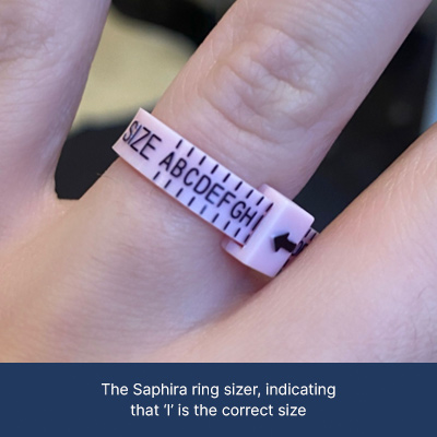 The Saphira ring sizer, indicatingthat ‘I’ is the correct size